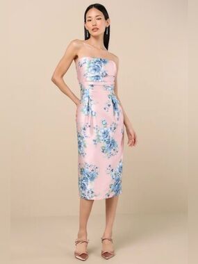 Lulus Pink Floral Strapless Midi Dress Lace-Up Back NWT Size S